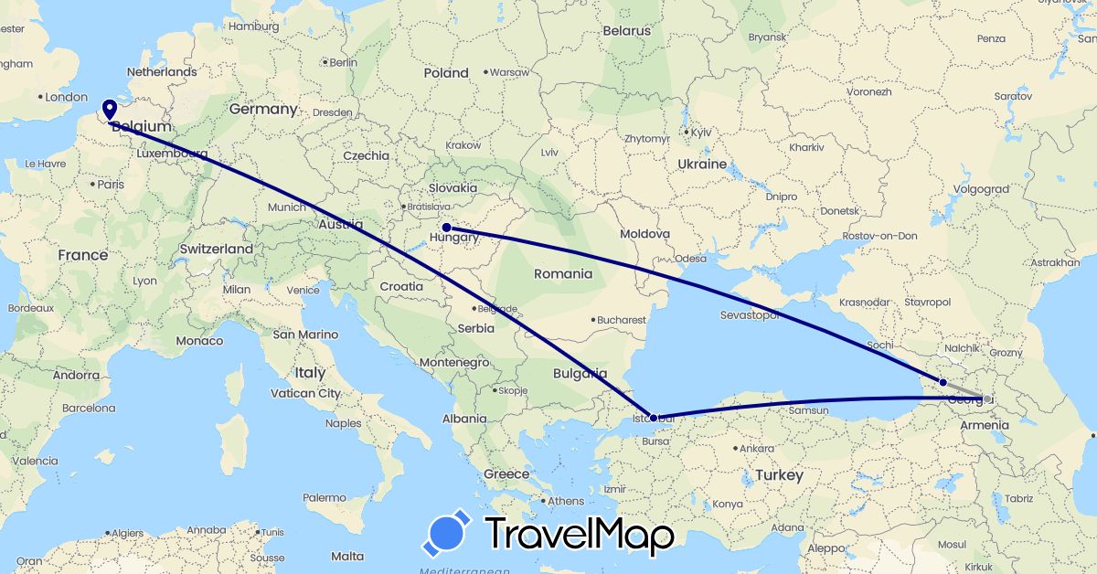 TravelMap itinerary: driving, plane in France, Georgia, Hungary, Turkey (Asia, Europe)